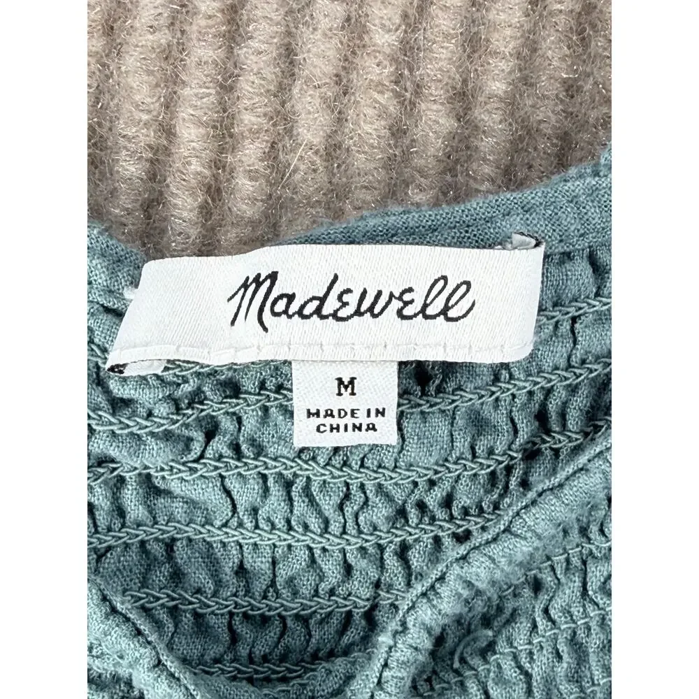 Madewell Lucie Linen Blend Smocked Peplum Top Faded Shale Green Size M